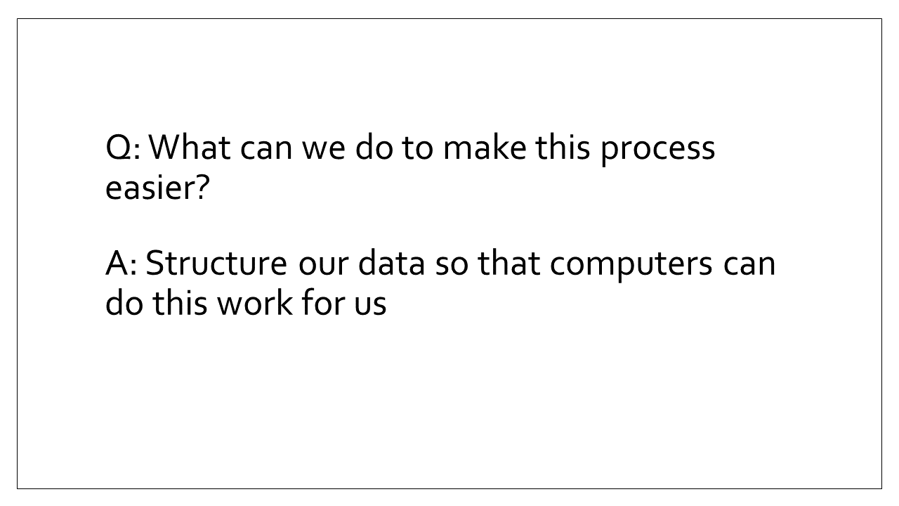 Slide 8 - A: Structure our data so that computers can do this work for us