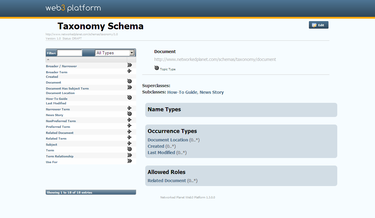 The Schema Home Page Displaying Type Information